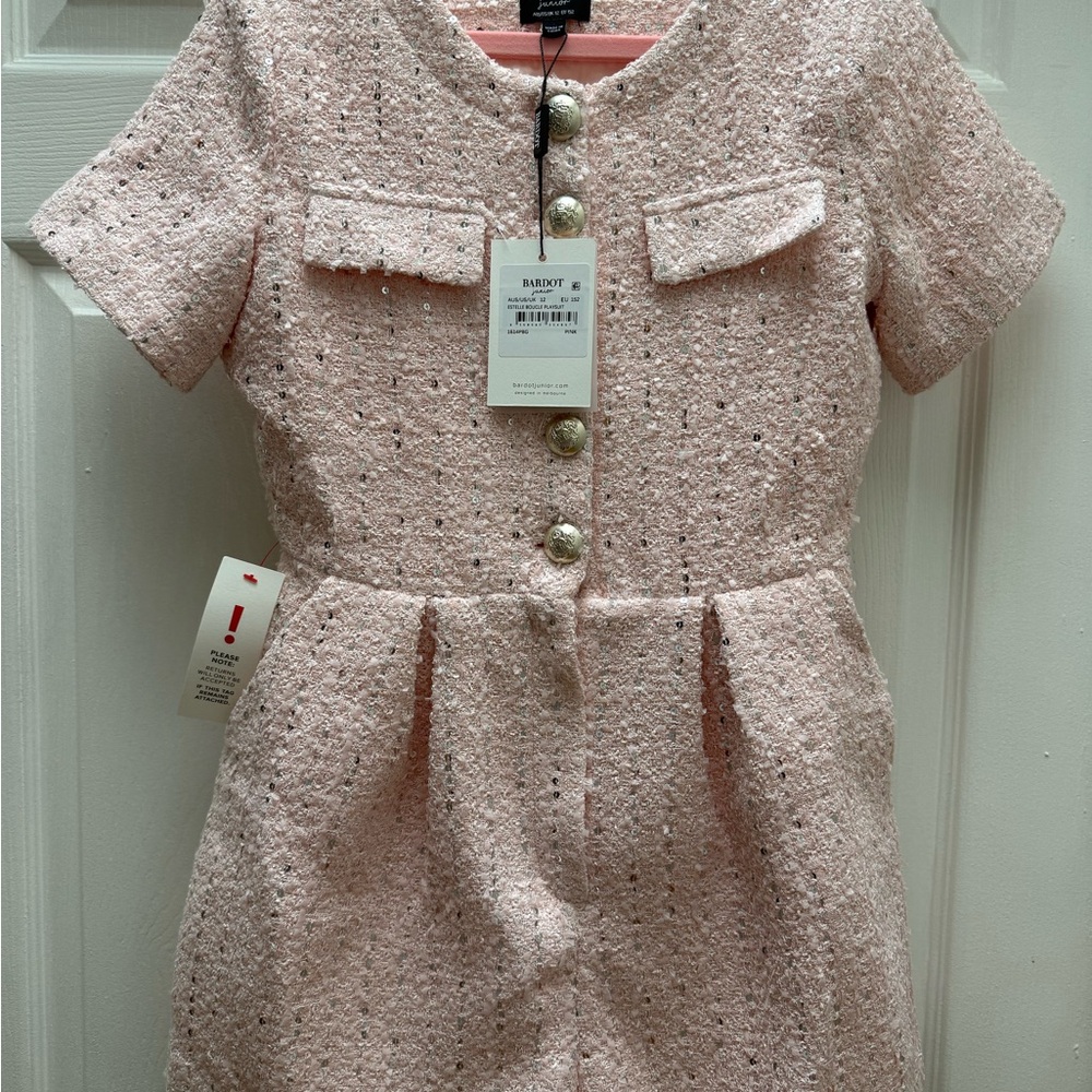 Bardot Pink Boucle Playsuit with Metallic Buttons